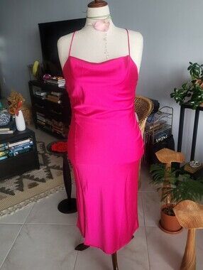Kilo Brava hot pink Satin Cowl Neck Midi Slip Dress - XL (NWOT)